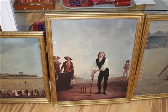 Six oileographs, all reproductions of famous early depictions of cricket, largest 51 x 74cm
